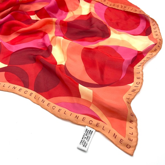 Celine 34" Silk Scarf Red Pink Geometric Print Logo Border Square Made in Italy - Picture 1 of 10